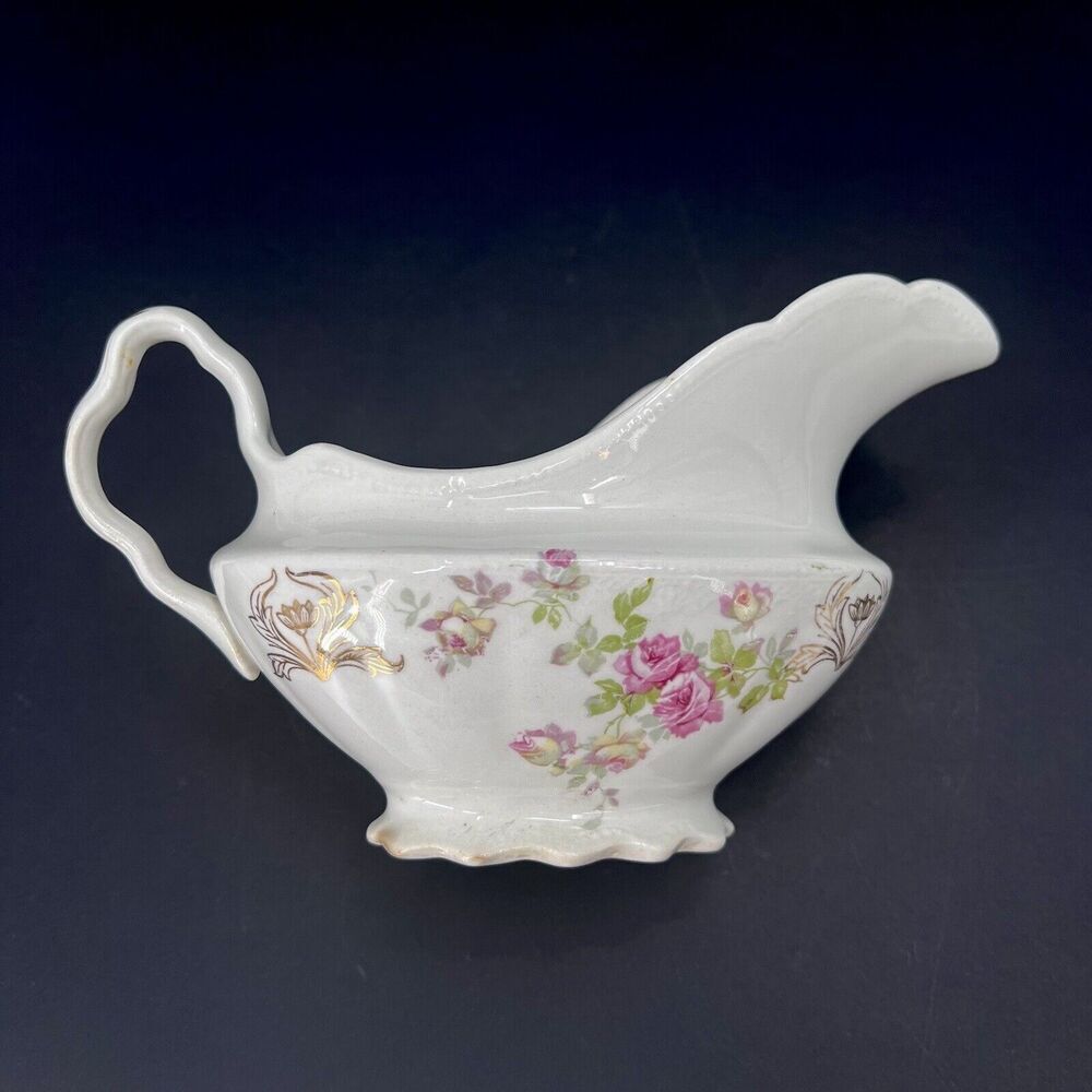 Antique 1900s Homer Laughlin The Angelus Rose Pattern Scalloped Gravy Sauce Boat - Picture 8 of 11